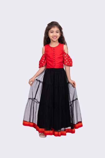 red & black sleeveless round neck cold shoulder choli with lehenga