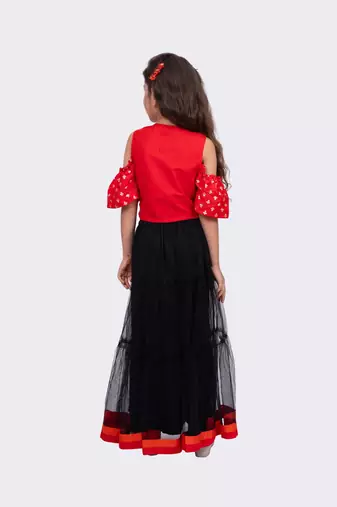 red & black sleeveless round neck cold shoulder choli with lehenga