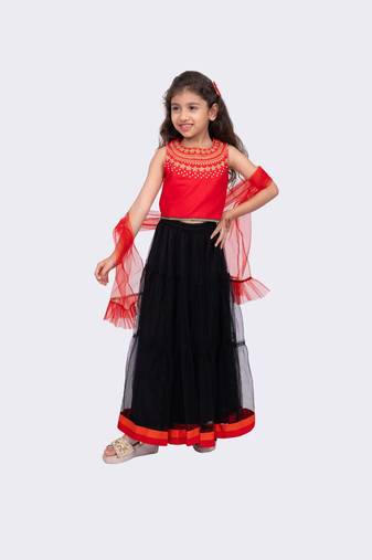 red & black sleeveless embroidered round neck choli with lehenga