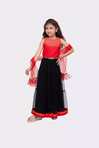 red & black sleeveless embroidered round neck choli with lehenga