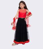 red & black sleeveless embroidered round neck choli with lehenga