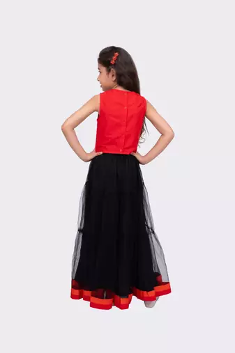 red & black sleeveless embroidered round neck choli with lehenga
