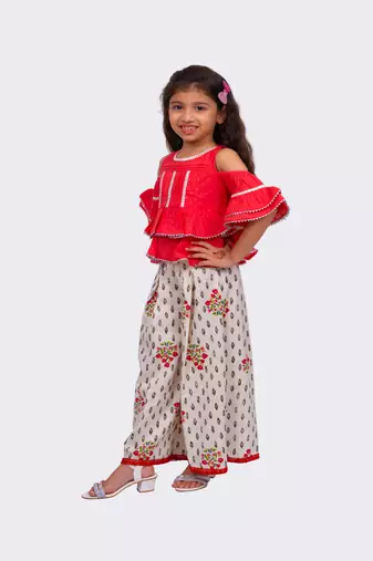 coral & white cold sleeve cotton top with printed sharara