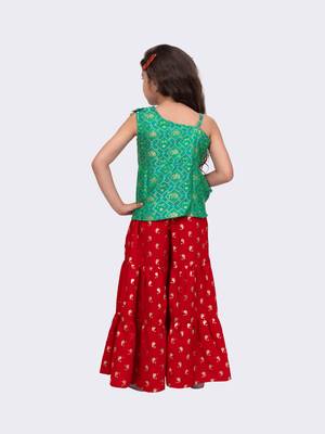green & red sleeveless polyester one shoulder top with sharara 3