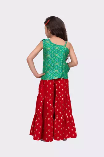 green & red sleeveless polyester one shoulder top with sharara