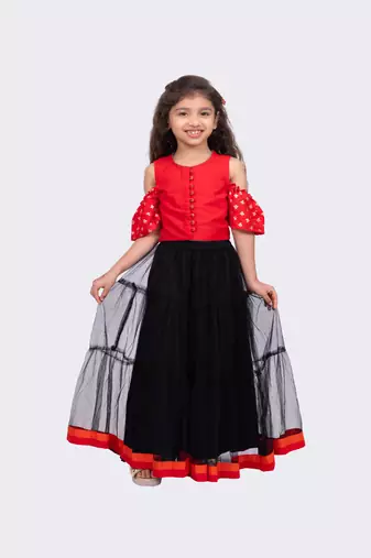 red & black sleeveless round neck cold shoulder choli with lehenga