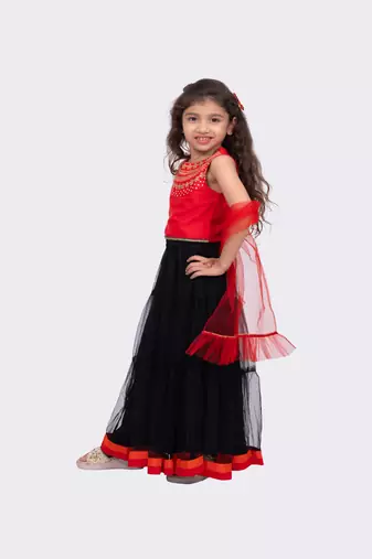 red & black sleeveless embroidered round neck choli with lehenga