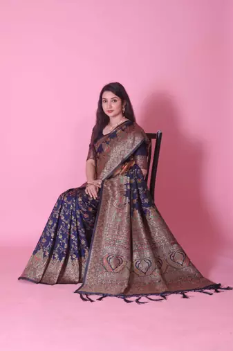 navy blue banarasi saree with intricate zari weaving and paisley motifs