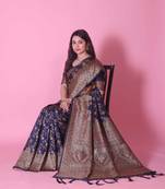navy blue banarasi saree with intricate zari weaving and paisley motifs