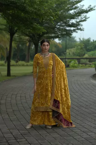 Yellow Designer Velvet Pakistani unstiched Suit Set
