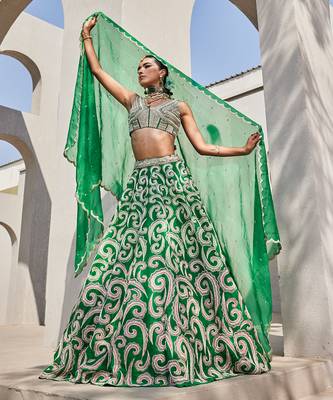 green silk embroidered Lehenga With Dupatta 2