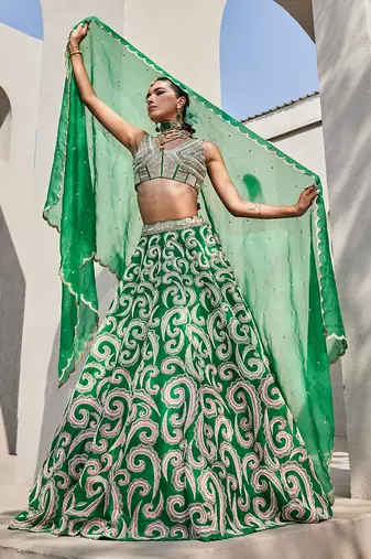 green silk embroidered Lehenga With Dupatta