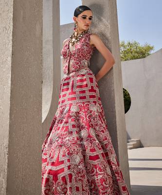 red silk embroidered Lehenga 1