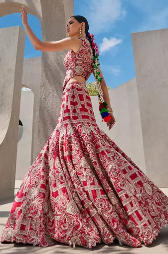 red silk embroidered Lehenga
