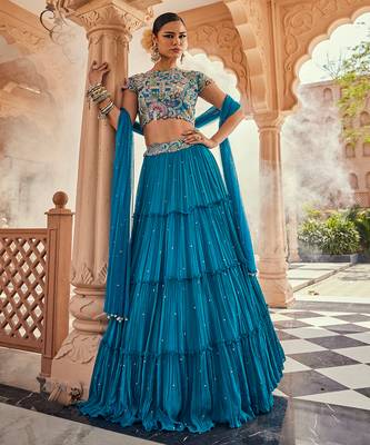 blue cotton embroidered Lehenga With & Dupatta 1