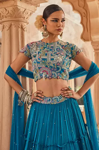 blue cotton embroidered Lehenga With & Dupatta