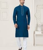 Navy blue pure cotton embroidery and pintex work kurta pyjama mens wear