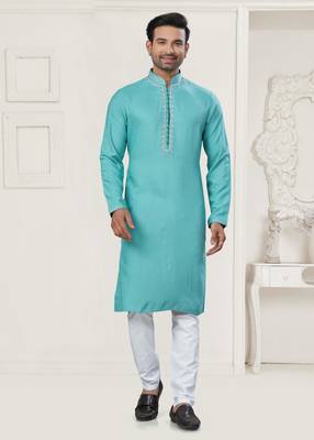 Sky blue pure cotton embroidery and pintex work kurta pyjama mens wear 1