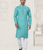 Sky blue pure cotton embroidery and pintex work kurta pyjama mens wear