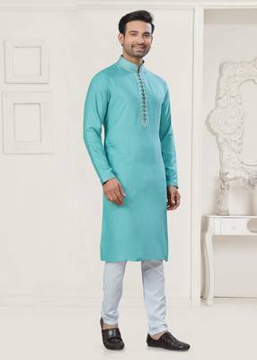 Sky blue pure cotton embroidery and pintex work kurta pyjama mens wear 2