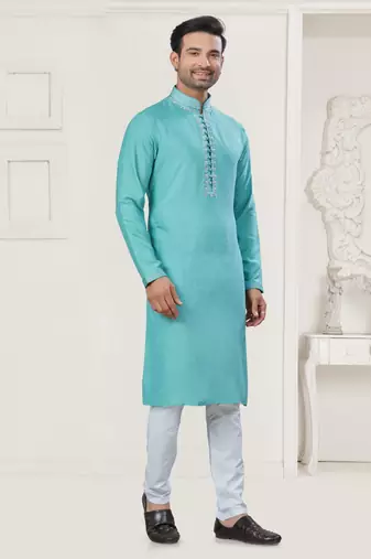 Sky blue pure cotton embroidery and pintex work kurta pyjama mens wear