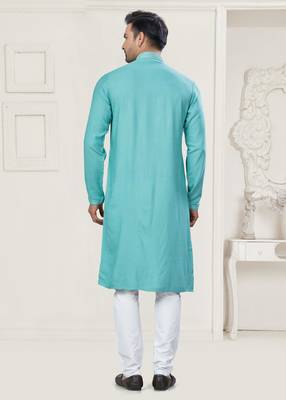 Sky blue pure cotton embroidery and pintex work kurta pyjama mens wear 3