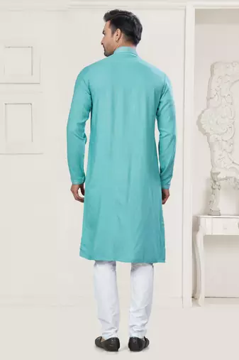 Sky blue pure cotton embroidery and pintex work kurta pyjama mens wear