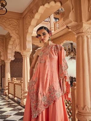 Peach silk embroidered asymmetrical kaftan 1