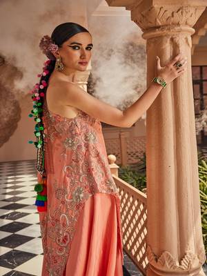 Peach silk embroidered asymmetrical kaftan 2