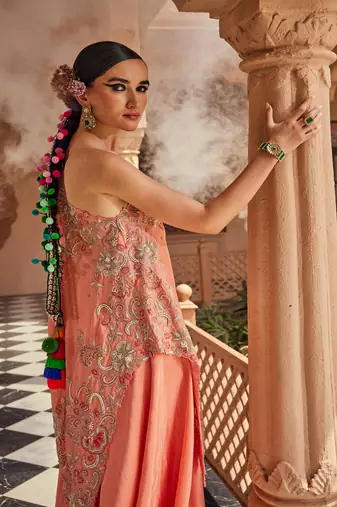 Peach silk embroidered asymmetrical kaftan