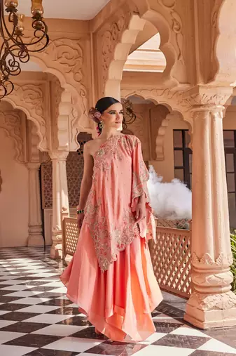Peach silk embroidered asymmetrical kaftan