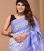 Blue hand block printed natural dye cotton silk saree with blouse piece