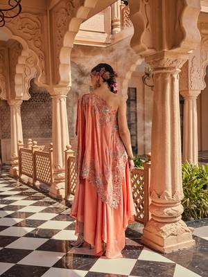 Peach silk embroidered asymmetrical kaftan 4