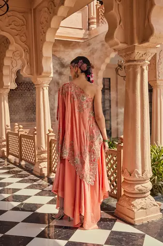 Peach silk embroidered asymmetrical kaftan
