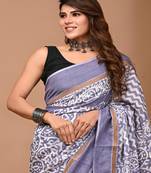 Grey   hand block printed natural dye cotton silk saree with blouse piece