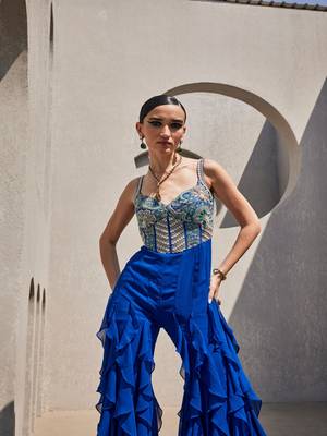 Blue georgette silk embroidered jumpsuit 1