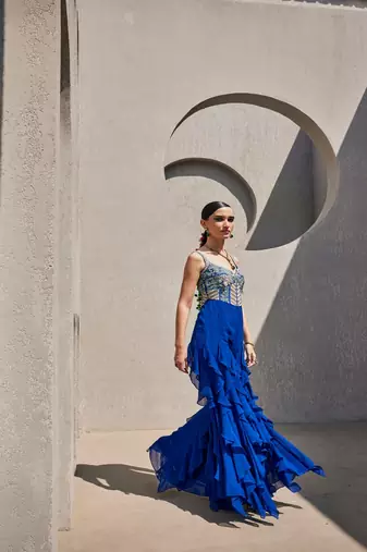 Blue georgette silk embroidered jumpsuit