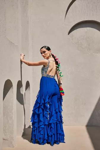 Blue georgette silk embroidered jumpsuit