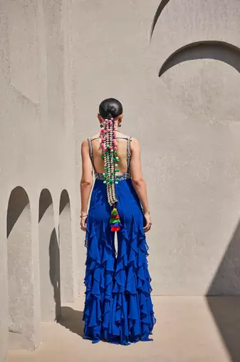 Blue georgette silk embroidered jumpsuit