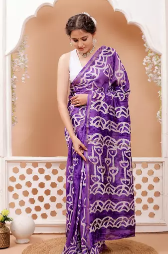 Purple   batik print chanderi saree with blouse piece