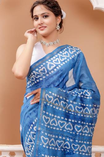 Blue   batik print chanderi saree with blouse piece