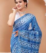 Blue   batik print chanderi saree with blouse piece