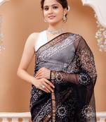 Black   batik print kota doria saree with blouse piece