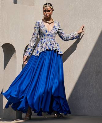 Blue chiffon silk embroidered gown 1