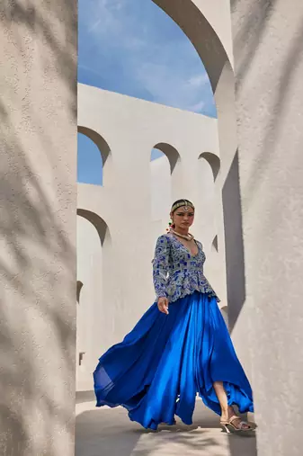 Blue chiffon silk embroidered gown