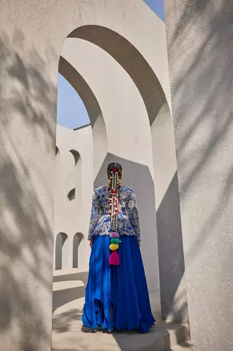 Blue chiffon silk embroidered gown