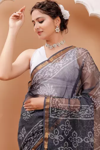 Black   batik print kota doria saree with blouse piece