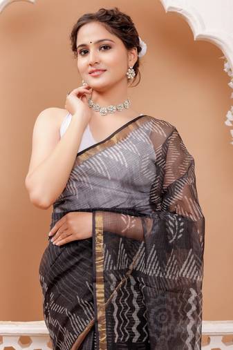 Black   batik print kota doria saree with blouse piece