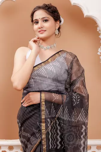 Black   batik print kota doria saree with blouse piece