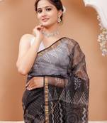 Black   batik print kota doria saree with blouse piece